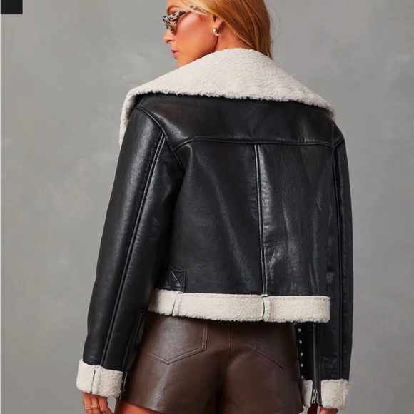 Women's Black and White Shearling Jacket - Picture 3 of 3